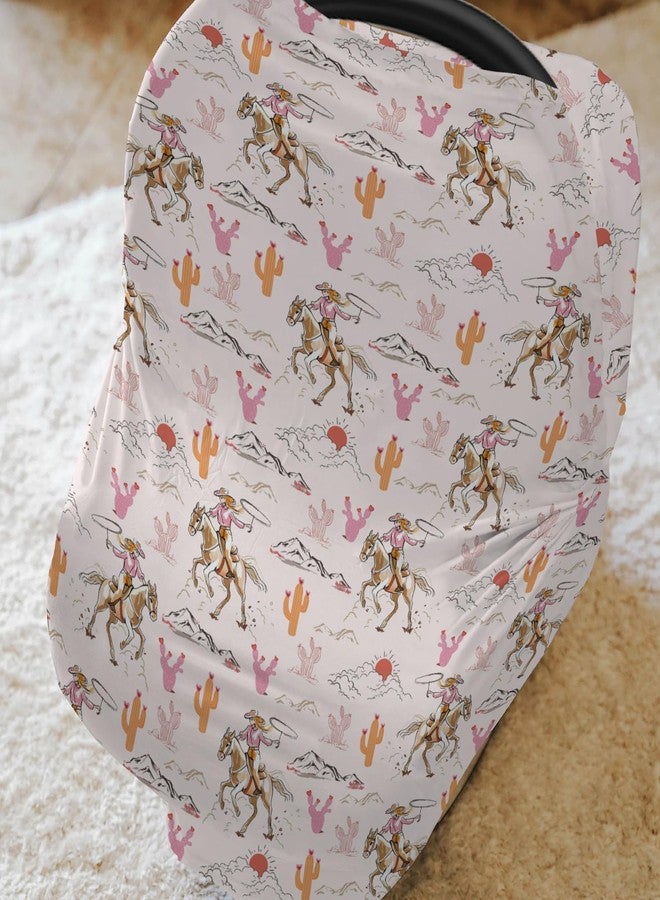 ZoUbqchY Cute Pink Cowgirl Car Seat Cover for Baby Western Cowgirls Horse Cactus Mountain Sunset Stretchy 5-in-1 Covers Adjustable Infant Carseat Canopy Cover Wild West Desert Breathable Nursing Cover-Up - Image 2